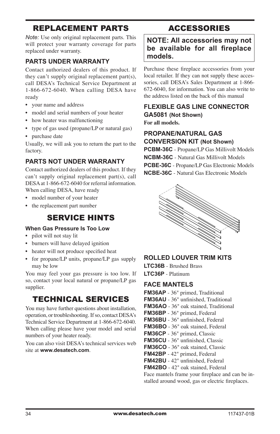 Replacement parts, Service hints, Technical services | Accessories | Desa (V)CB36N(E) User Manual | Page 34 / 36