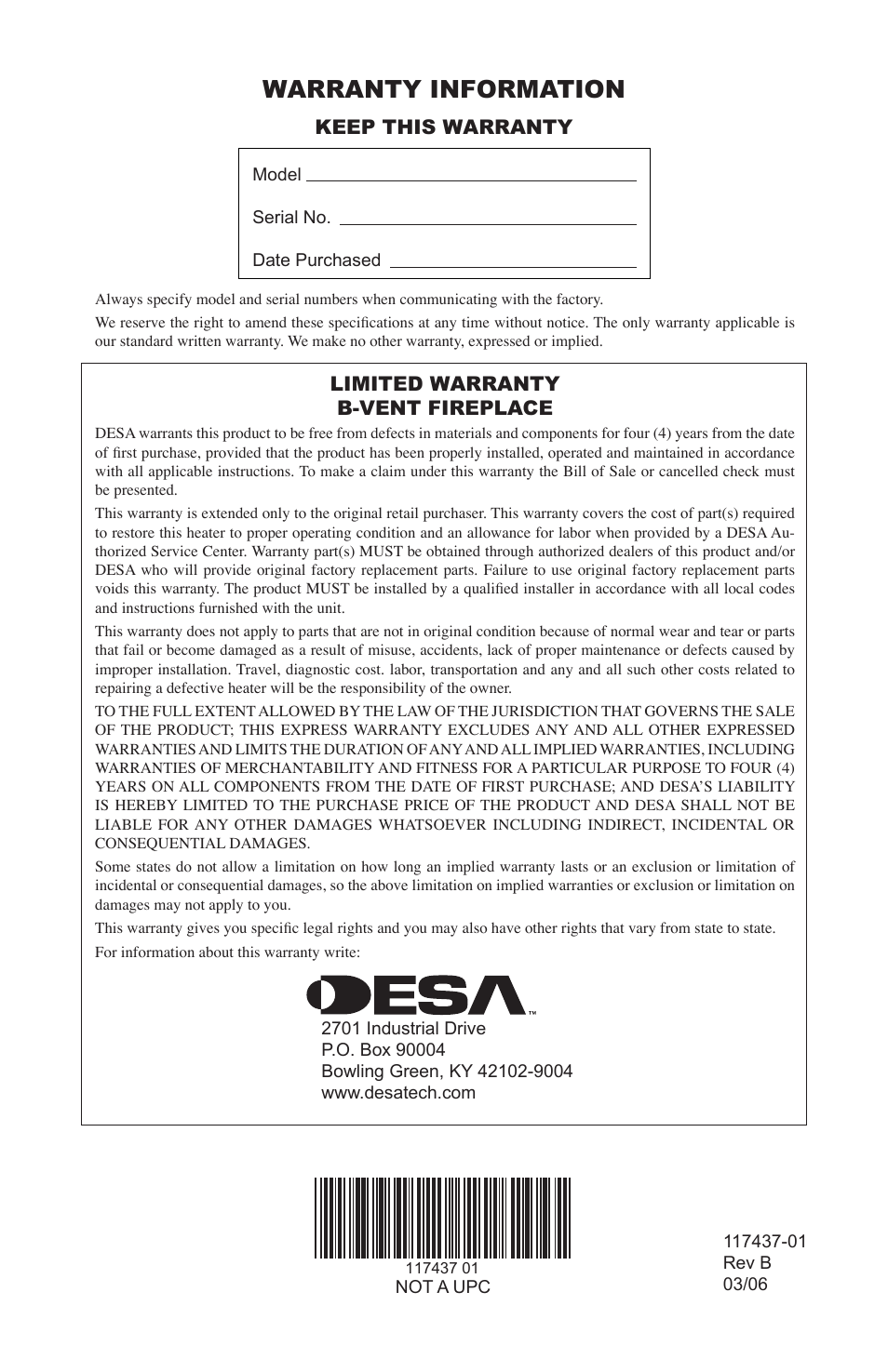 Warranty information, Keep this warranty, Limited warranty b-vent fireplace | Desa (V)CB36N(E) User Manual | Page 36 / 36