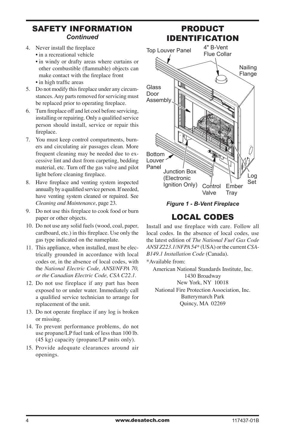 Product identification, Local codes, Safety information | Desa (V)CB36N(E) User Manual | Page 4 / 36