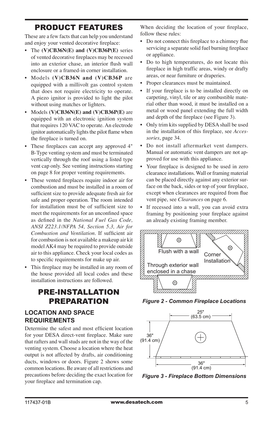 Product features, Pre-installation preparation | Desa (V)CB36N(E) User Manual | Page 5 / 36