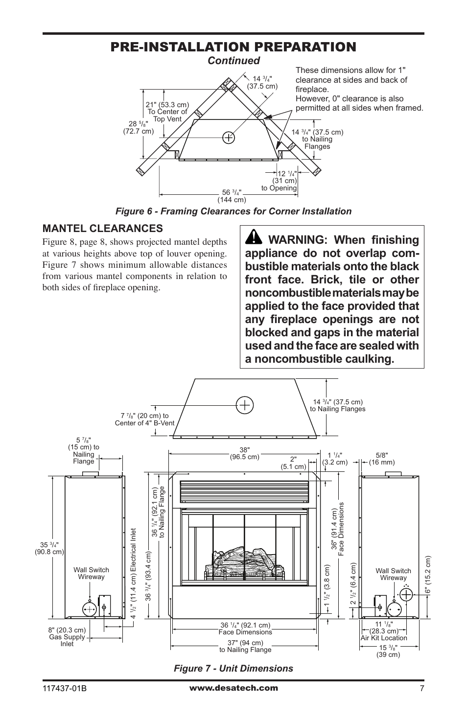 Pre-installation preparation, Continued, Mantel clearances | Figure 7 - unit dimensions | Desa (V)CB36N(E) User Manual | Page 7 / 36