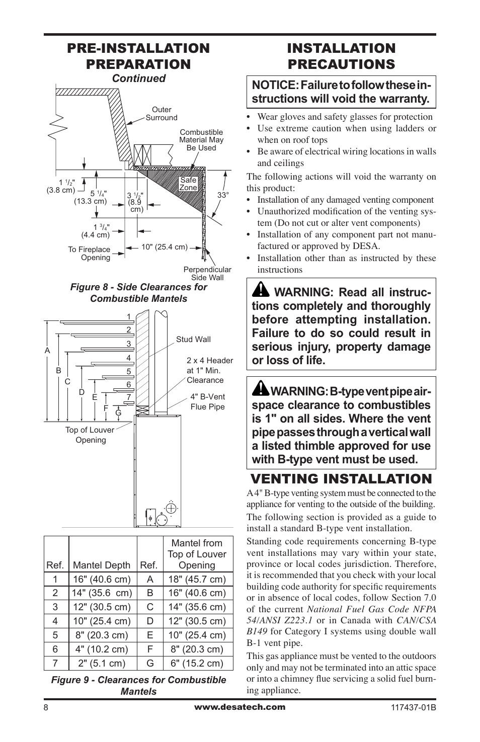 Installation precautions, Venting installation, Pre-installation preparation | Desa (V)CB36N(E) User Manual | Page 8 / 36