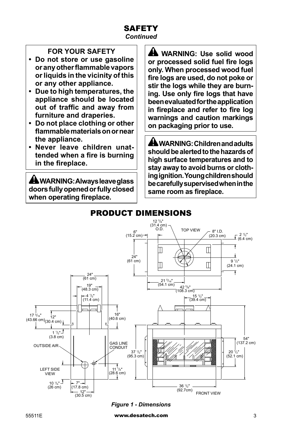 Product dimensions, Safety, Continued | Figure 1 - dimensions | Desa (V)368ST User Manual | Page 3 / 16