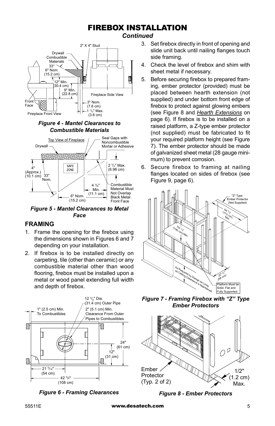 Firebox installation, Continued, Framing | Figure 5 - mantel clearances to metal face | Desa (V)368ST User Manual | Page 5 / 16