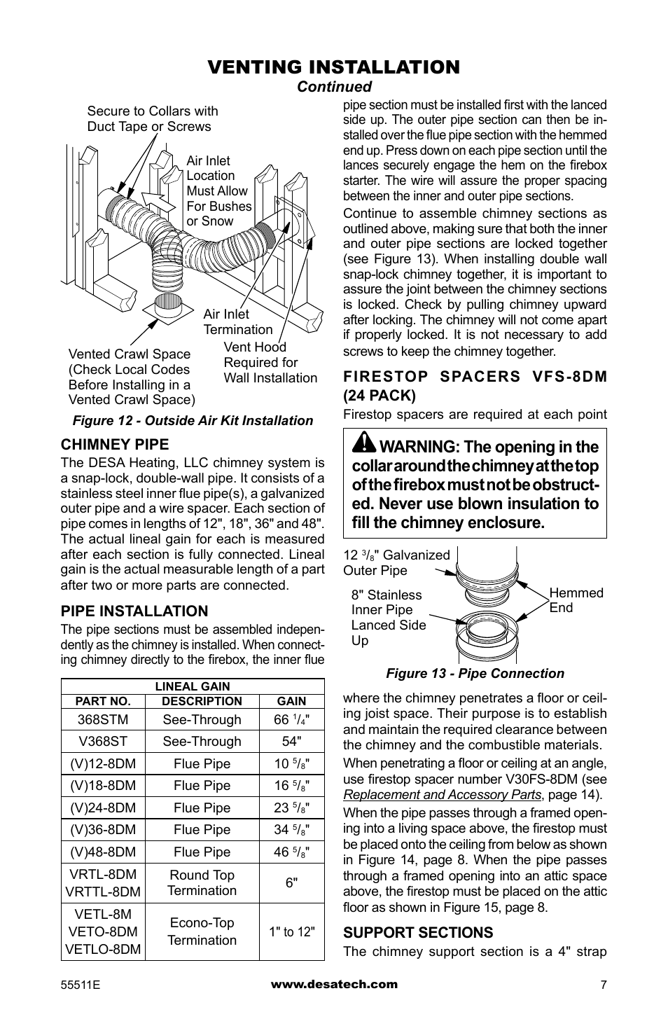 Venting installation | Desa (V)368ST User Manual | Page 7 / 16