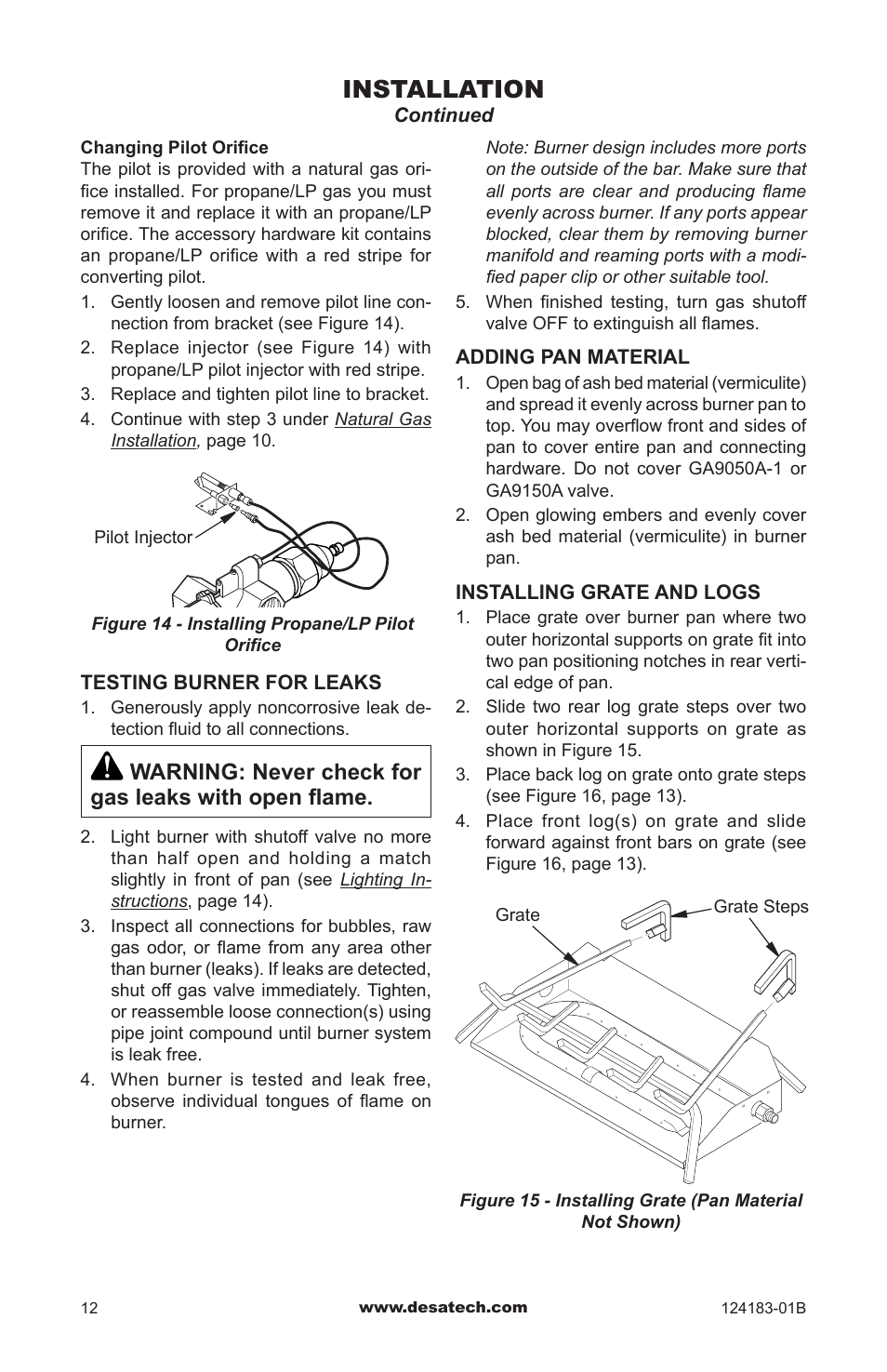 Installation, Warning: never check for gas leaks with open flame | Desa VVDR24 User Manual | Page 12 / 28