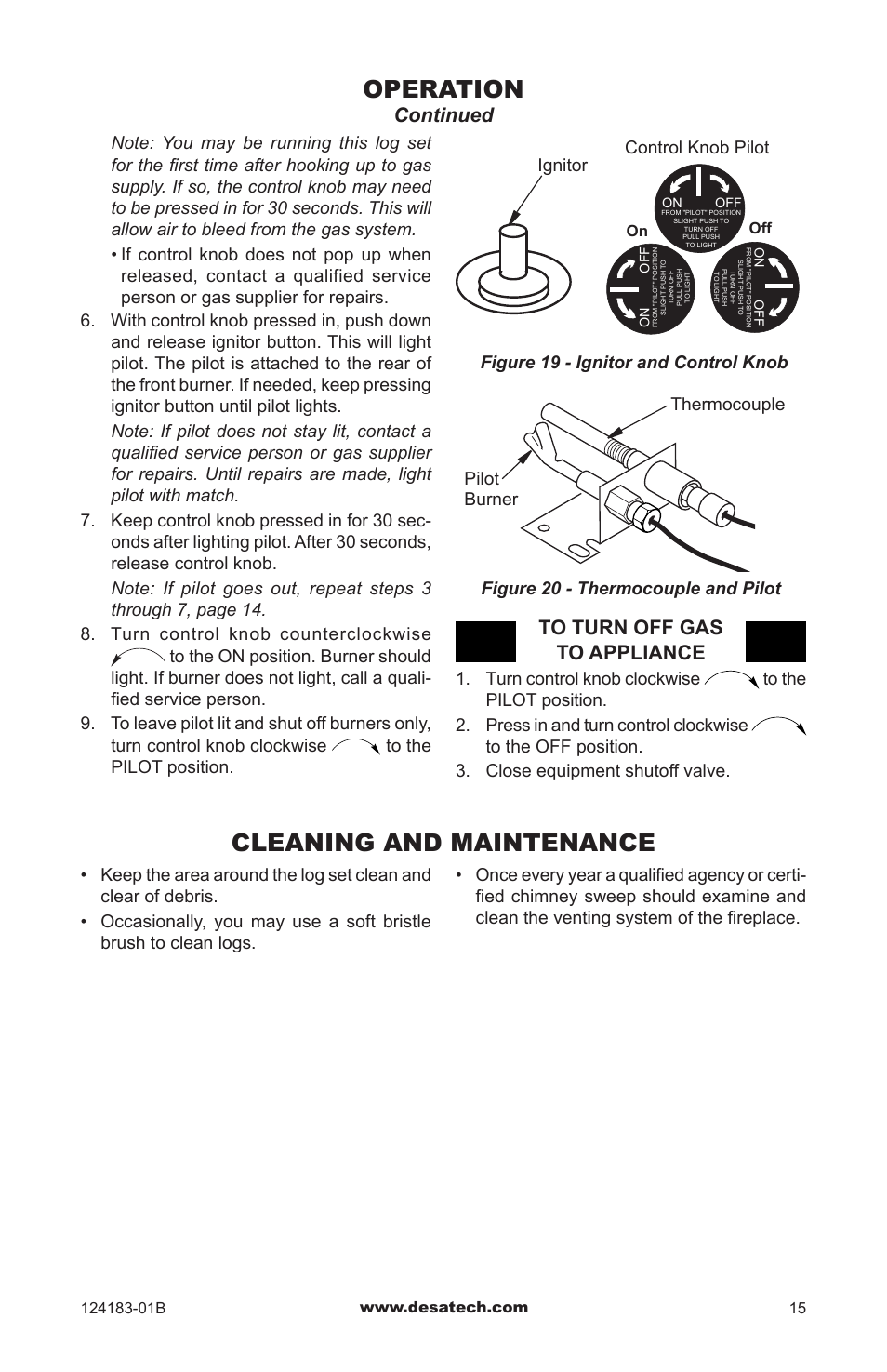 Cleaning and maintenance, Operation, Continued to turn off gas to appliance | Figure 19 - ignitor and control knob | Desa VVDR24 User Manual | Page 15 / 28