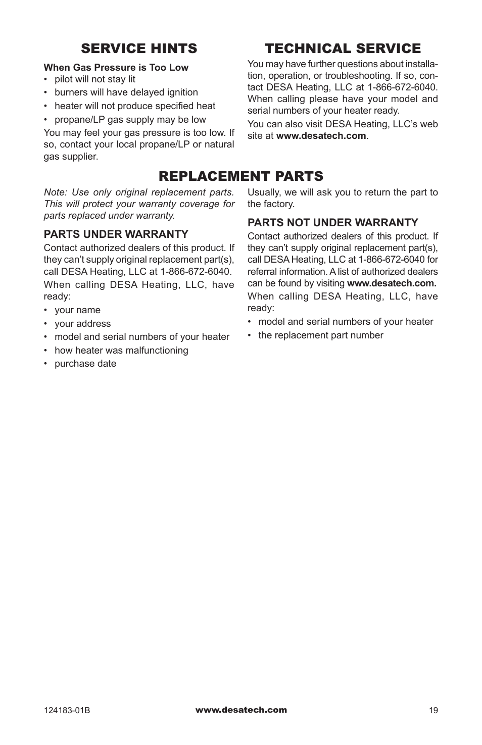 Service hints, Technical service, Replacement parts | Desa VVDR24 User Manual | Page 19 / 28