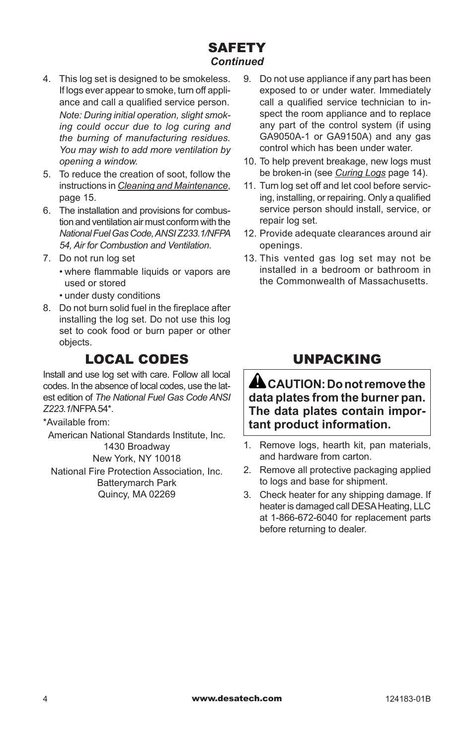 Local codes, Unpacking, Safety | Desa VVDR24 User Manual | Page 4 / 28