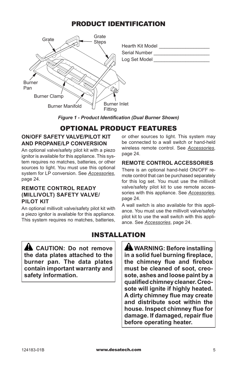Product identification, Optional product features, Installation | Optional product features product identification | Desa VVDR24 User Manual | Page 5 / 28