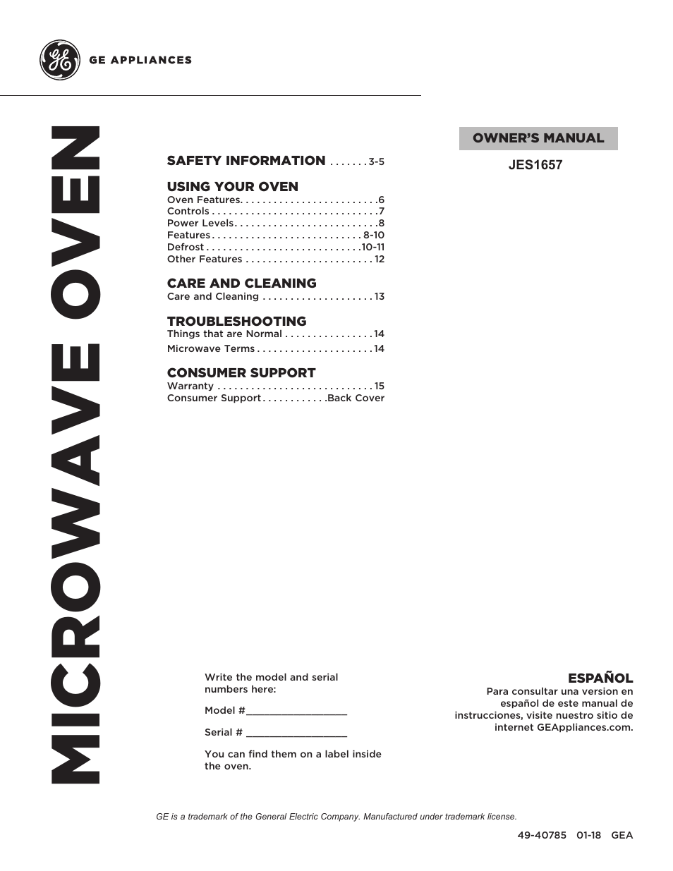 GE 1.6 cu. ft. Countertop Microwave Oven Use and Care Guide User Manual | 32 pages