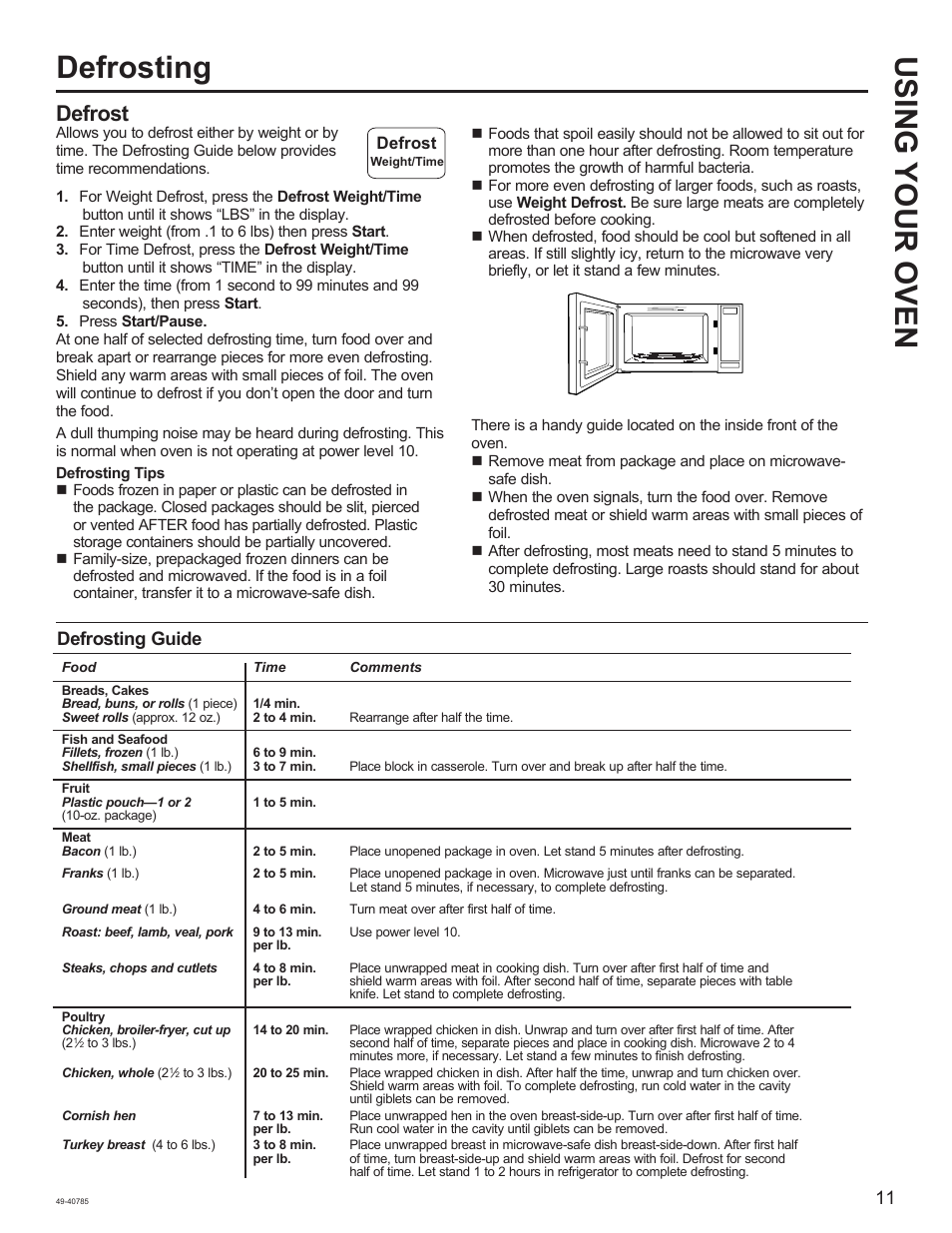 Defrosting using your oven, Defrost, Defrosting guide | GE 1.6 cu. ft. Countertop Microwave Oven Use and Care Guide User Manual | Page 11 / 32