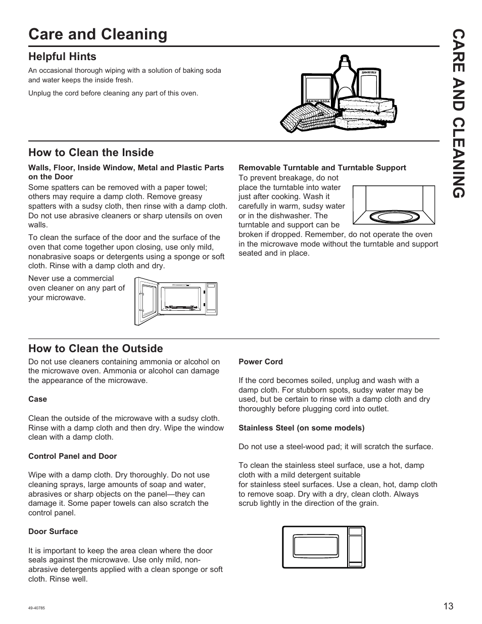 Care and cleaning care and cleaning, Helpful hints, How to clean the inside | How to clean the outside | GE 1.6 cu. ft. Countertop Microwave Oven Use and Care Guide User Manual | Page 13 / 32