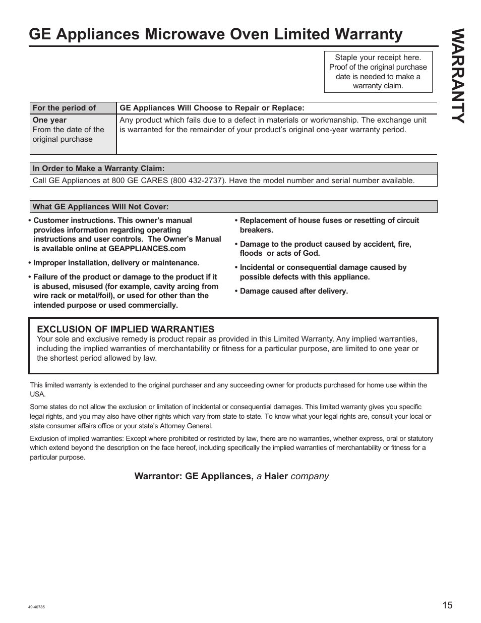 Warranty, Ge appliances microwave oven limited warranty | GE 1.6 cu. ft. Countertop Microwave Oven Use and Care Guide User Manual | Page 15 / 32