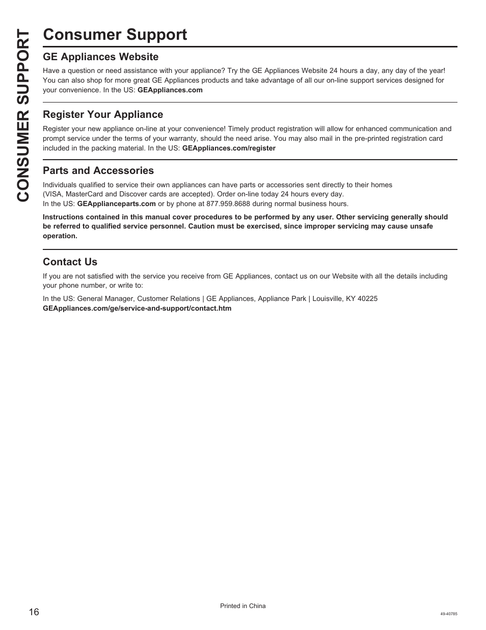 Consumer support consumer support, Ge appliances website, Register your appliance | Parts and accessories, Contact us | GE 1.6 cu. ft. Countertop Microwave Oven Use and Care Guide User Manual | Page 16 / 32