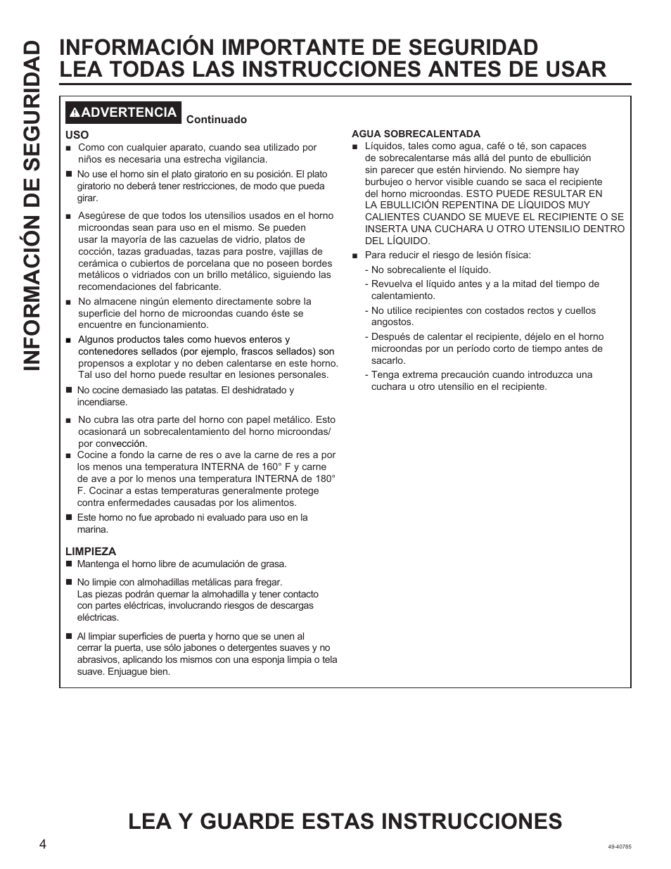 Lea y guarde estas instrucciones | GE 1.6 cu. ft. Countertop Microwave Oven Use and Care Guide User Manual | Page 20 / 32