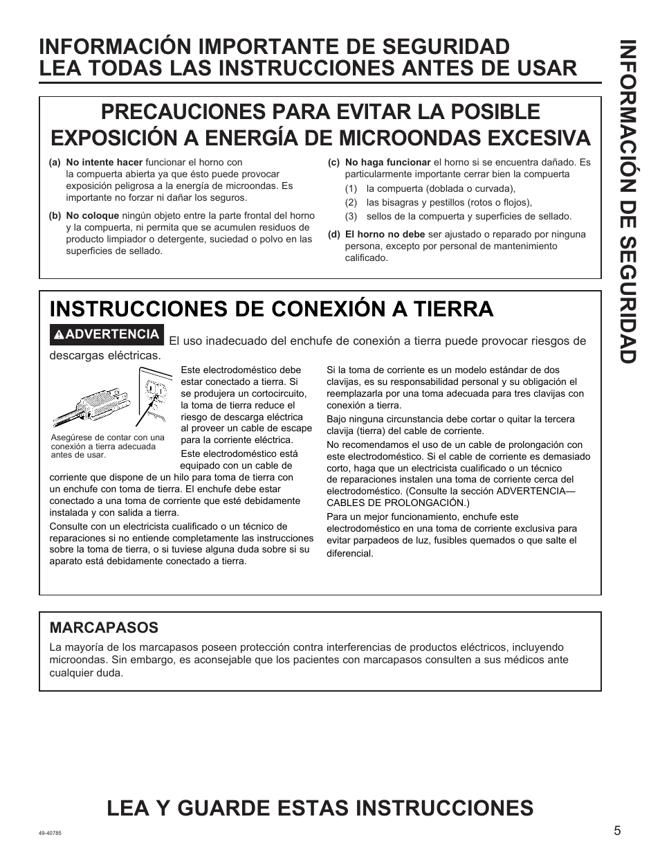 Instrucciones de conexión a tierra, Marcapasos | GE 1.6 cu. ft. Countertop Microwave Oven Use and Care Guide User Manual | Page 21 / 32