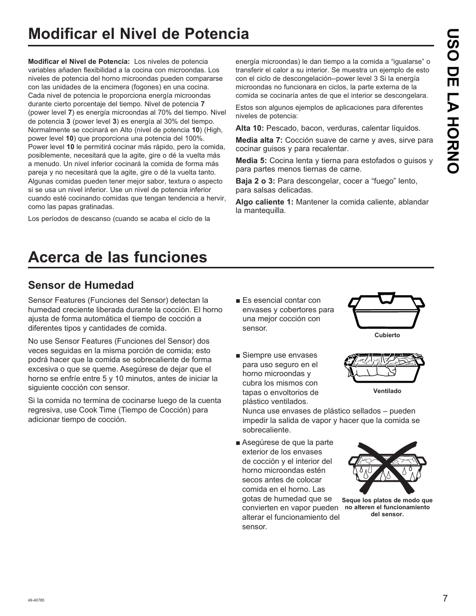 Uso de la horno modificar el nivel de potencia, Acerca de las funciones, Sensor de humedad | GE 1.6 cu. ft. Countertop Microwave Oven Use and Care Guide User Manual | Page 23 / 32