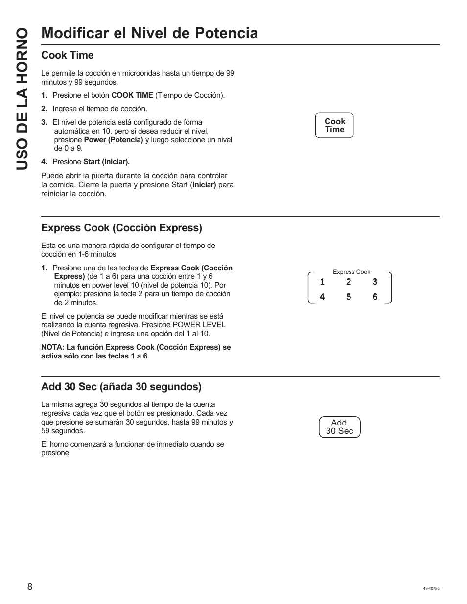 Modificar el nivel de potencia uso de la horno, Cook time, Express cook (cocción express) | Add 30 sec (añada 30 segundos) | GE 1.6 cu. ft. Countertop Microwave Oven Use and Care Guide User Manual | Page 24 / 32