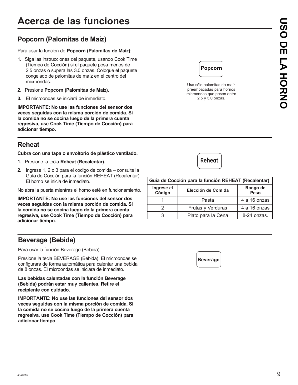 Acerca de las funciones uso de la horno, Popcorn (palomitas de maíz), Beverage (bebida) | Reheat | GE 1.6 cu. ft. Countertop Microwave Oven Use and Care Guide User Manual | Page 25 / 32