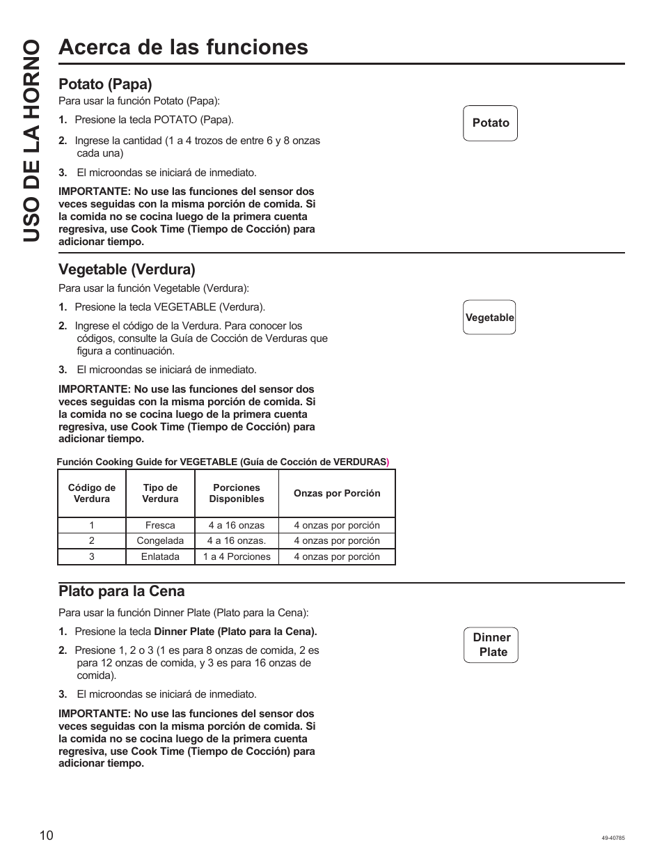 Acerca de las funciones uso de la horno, Potato (papa), Vegetable (verdura) | Plato para la cena | GE 1.6 cu. ft. Countertop Microwave Oven Use and Care Guide User Manual | Page 26 / 32