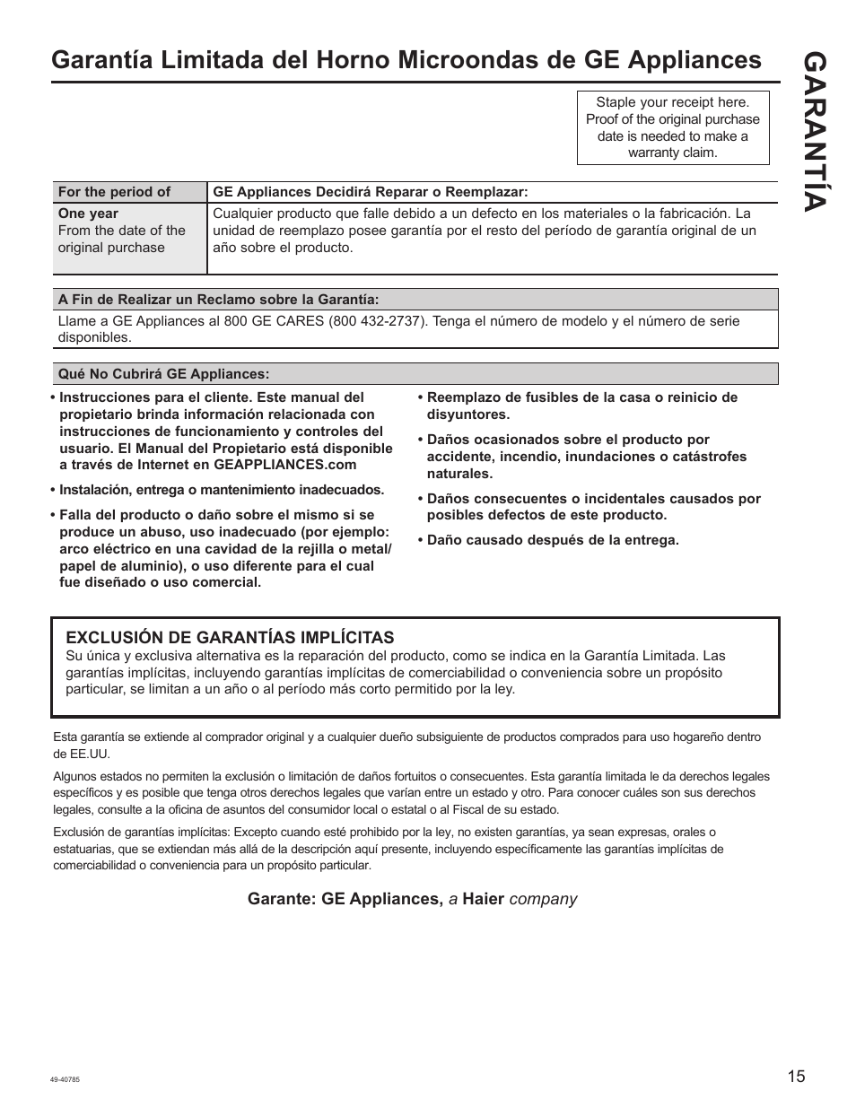 Garantía | GE 1.6 cu. ft. Countertop Microwave Oven Use and Care Guide User Manual | Page 31 / 32