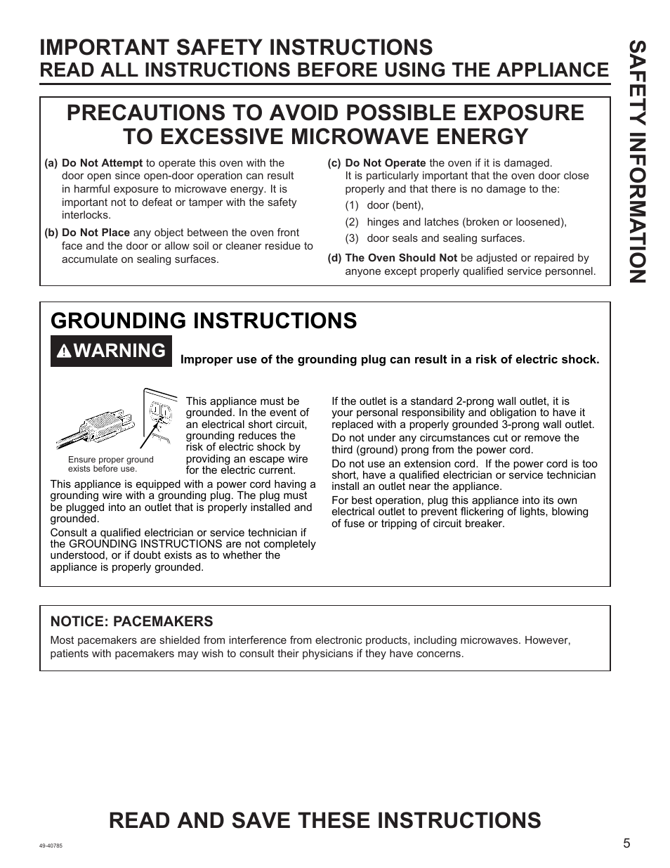 Safety informa tion grounding instructions, Read all instructions before using the appliance, Warning | GE 1.6 cu. ft. Countertop Microwave Oven Use and Care Guide User Manual | Page 5 / 32