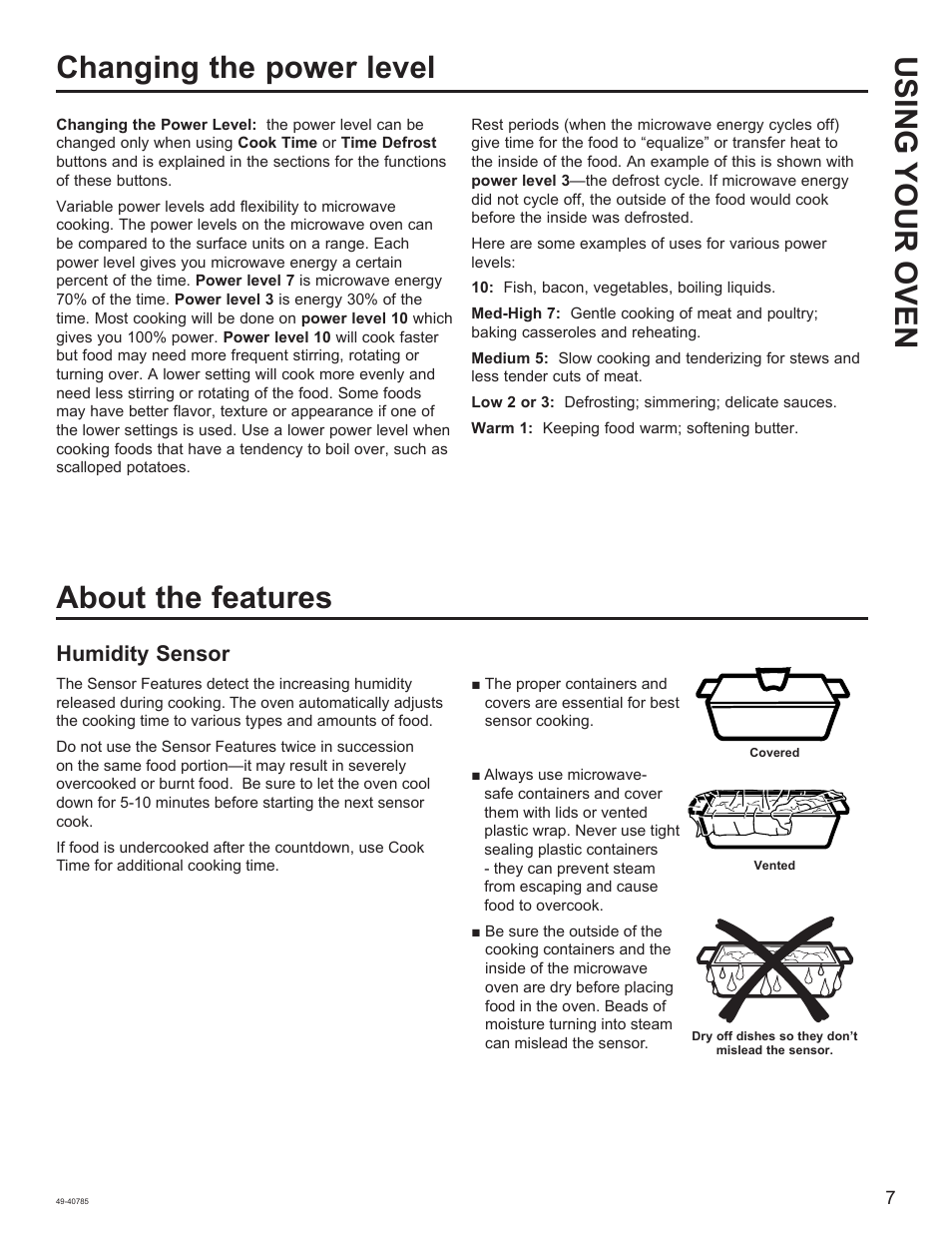 Changing the power level using your oven, About the features, Humidity sensor | GE 1.6 cu. ft. Countertop Microwave Oven Use and Care Guide User Manual | Page 7 / 32