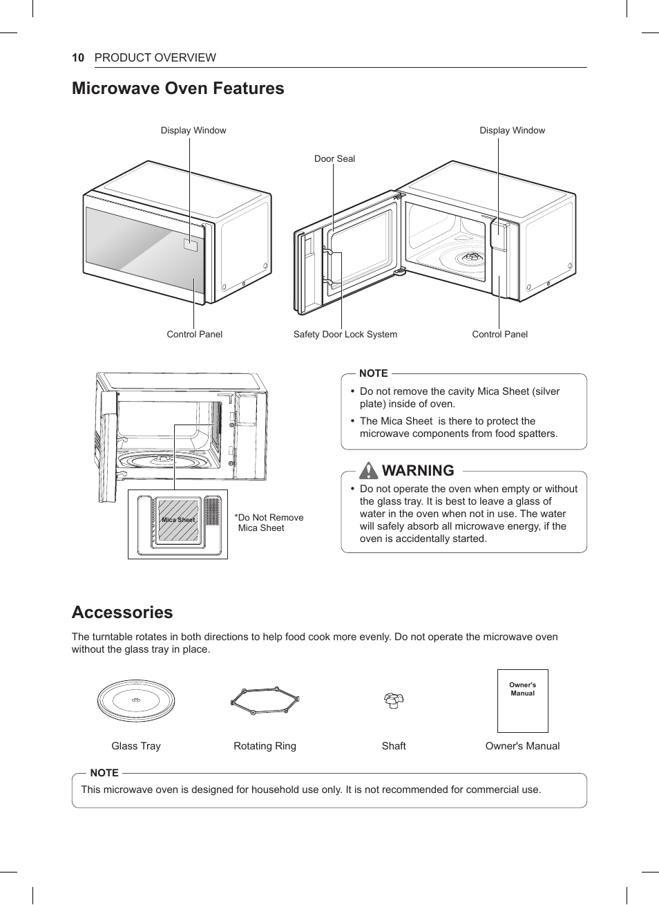 Microwave oven features, Accessories, Warning | LG 1.5 cu. ft. Countertop Microwave User Manual User Manual | Page 10 / 64