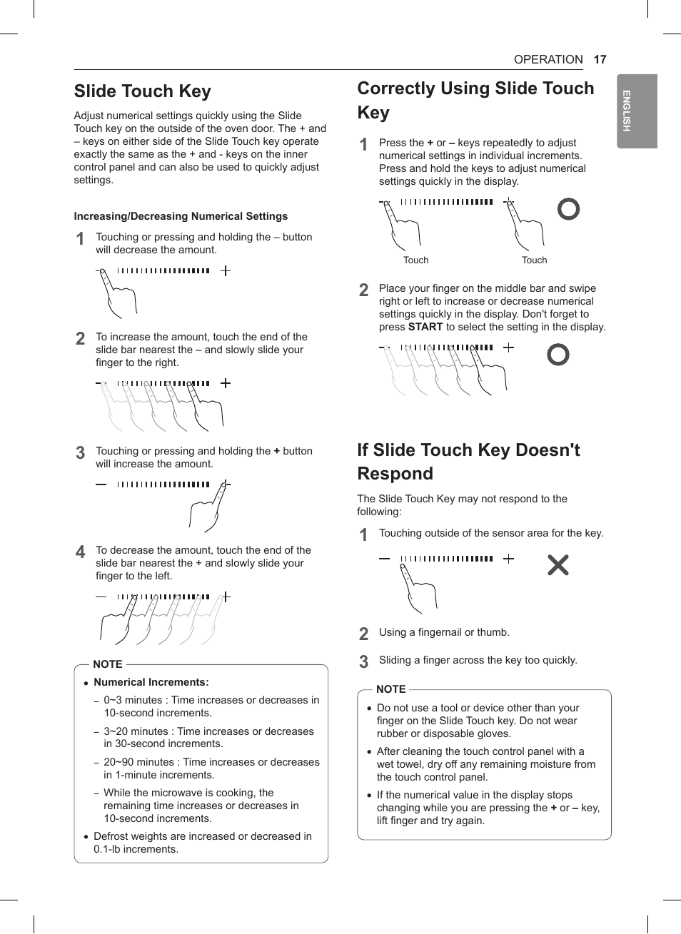 Slide touch key, Correctly using slide touch key 1, If slide touch key doesn't respond | LG 1.5 cu. ft. Countertop Microwave User Manual User Manual | Page 17 / 64