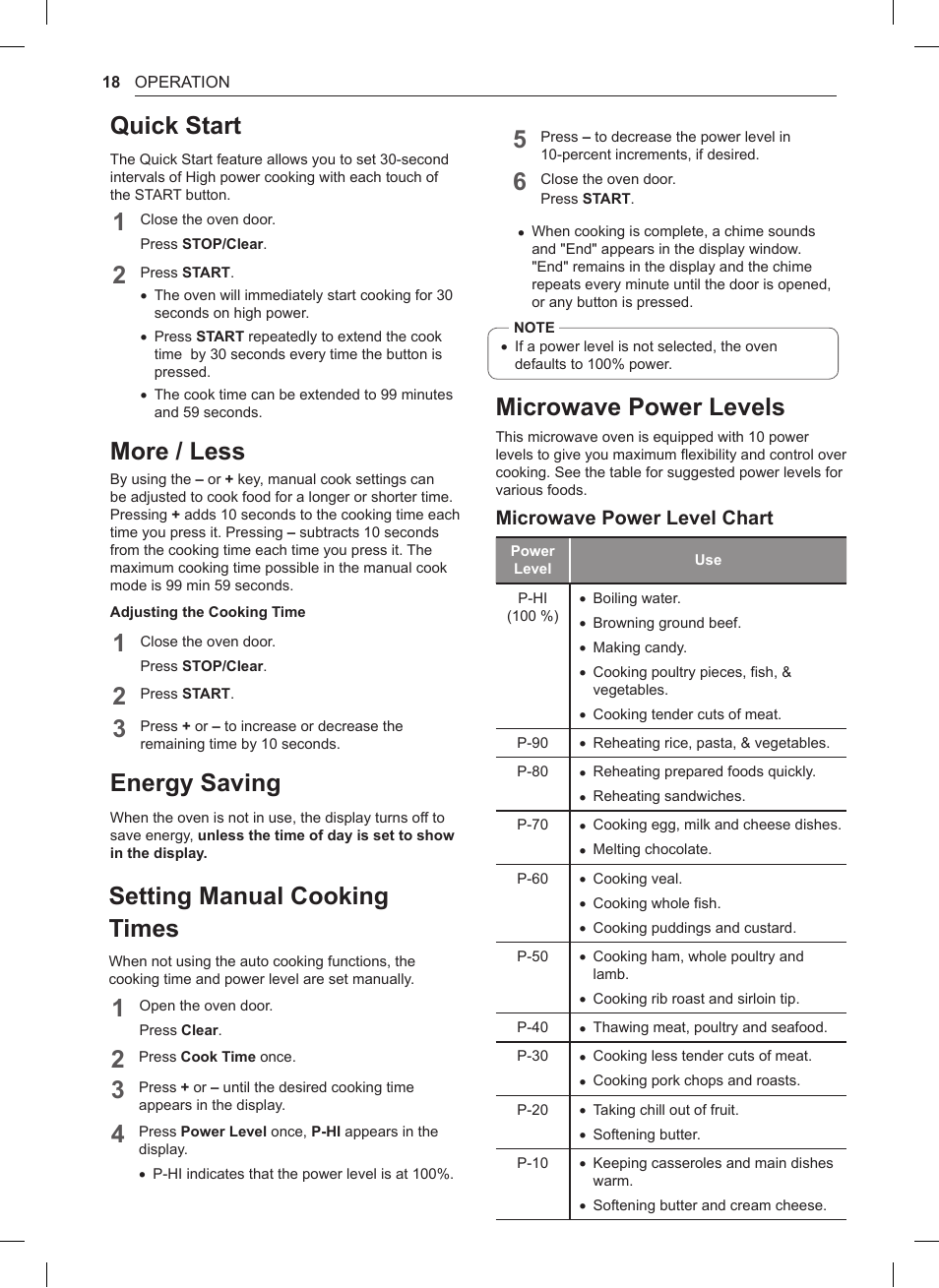 Quick start, More / less, Energy saving | Setting manual cooking times, Microwave power levels, Microwave power level chart | LG 1.5 cu. ft. Countertop Microwave User Manual User Manual | Page 18 / 64