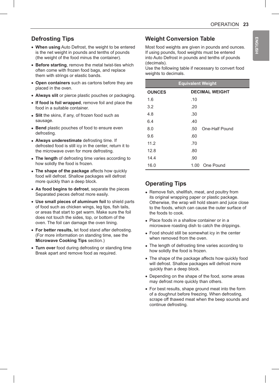 Defrosting tips, Weight conversion table, Operating tips | LG 1.5 cu. ft. Countertop Microwave User Manual User Manual | Page 23 / 64