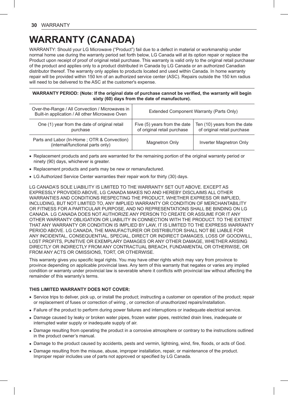 Warranty (canada) | LG 1.5 cu. ft. Countertop Microwave User Manual User Manual | Page 30 / 64