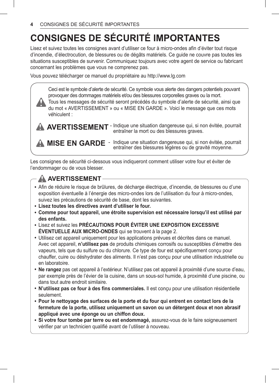 Consignes de sécurité importantes, Avertissement, Mise en garde | LG 1.5 cu. ft. Countertop Microwave User Manual User Manual | Page 36 / 64