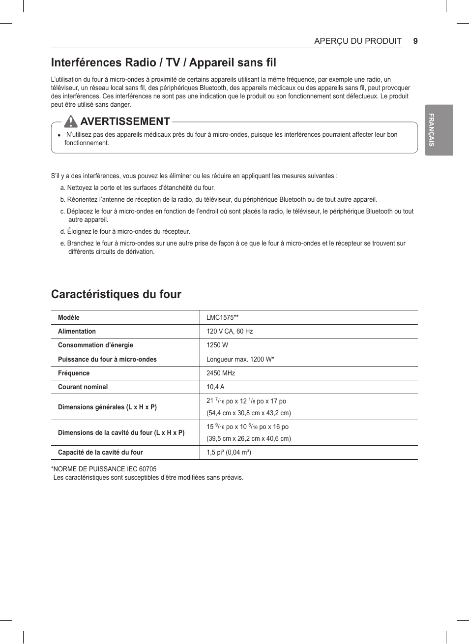 Interférences radio / tv / appareil sans fil, Caractéristiques du four, Avertissement | LG 1.5 cu. ft. Countertop Microwave User Manual User Manual | Page 41 / 64