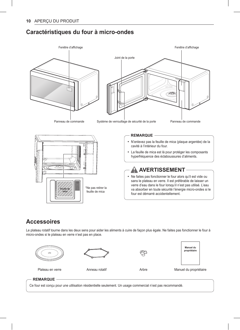 Caractéristiques du four à micro-ondes, Accessoires, Avertissement | LG 1.5 cu. ft. Countertop Microwave User Manual User Manual | Page 42 / 64