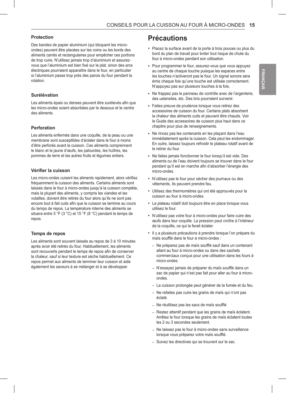 Précautions | LG 1.5 cu. ft. Countertop Microwave User Manual User Manual | Page 47 / 64
