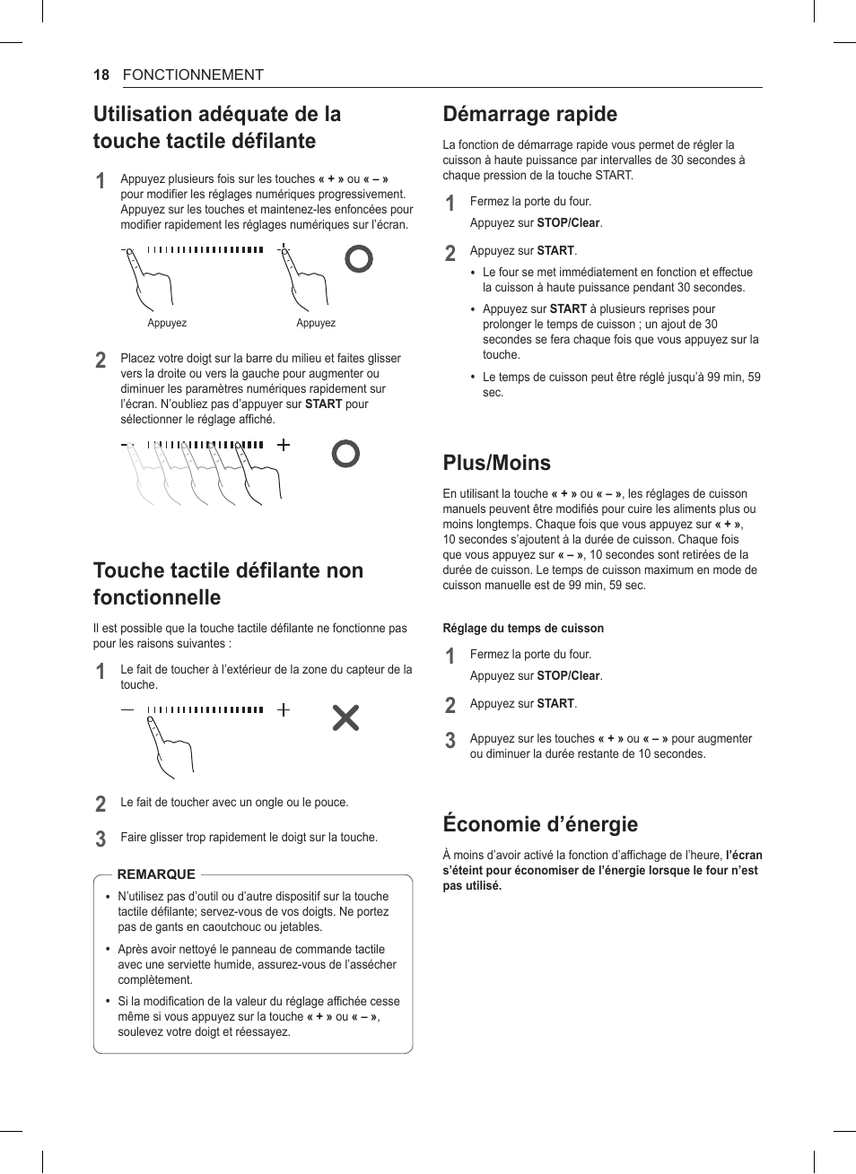 Touche tactile défilante non fonctionnelle, Démarrage rapide, Plus/moins | Économie d’énergie | LG 1.5 cu. ft. Countertop Microwave User Manual User Manual | Page 50 / 64