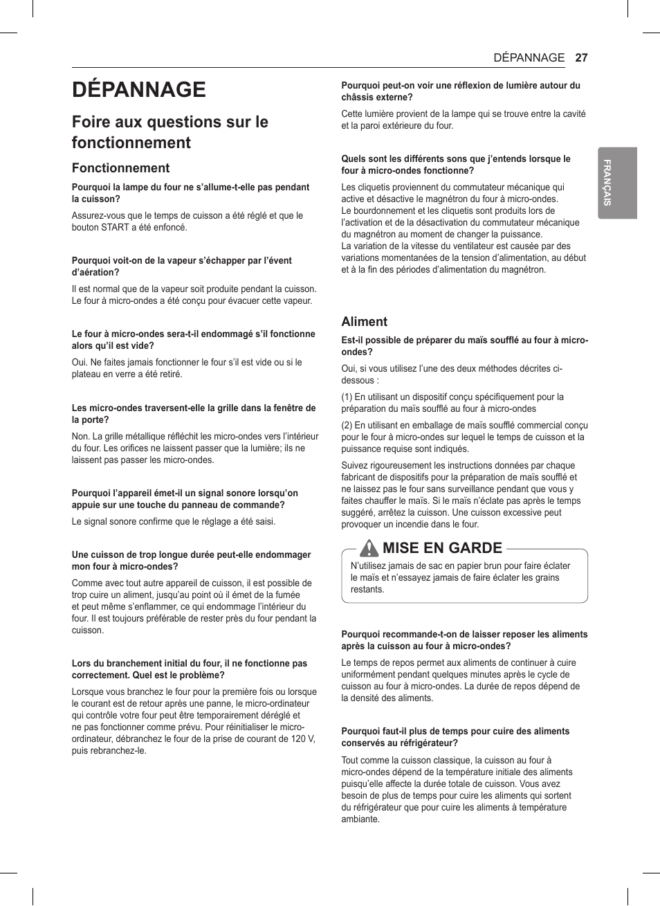 Dépannage, Foire aux questions sur le fonctionnement, Mise en garde | Fonctionnement, Aliment | LG 1.5 cu. ft. Countertop Microwave User Manual User Manual | Page 59 / 64