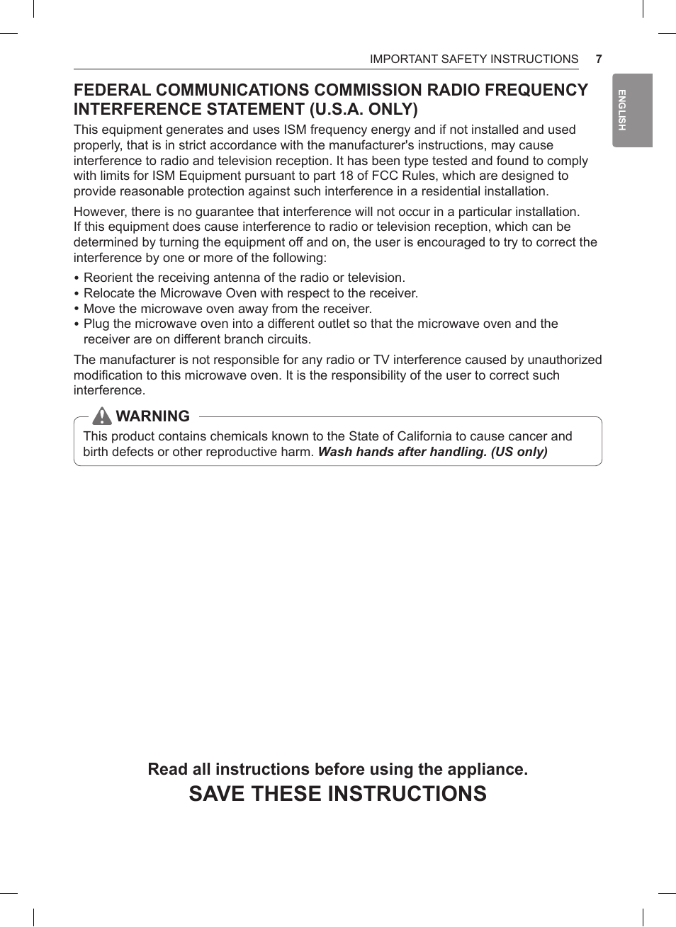 Save these instructions, Read all instructions before using the appliance | LG 1.5 cu. ft. Countertop Microwave User Manual User Manual | Page 7 / 64