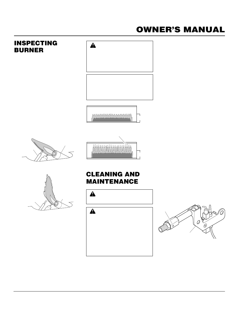 Owner’s manual, Inspecting burner, Cleaning and maintenance | Pilot flame pattern, Burner flame pattern, Ods/pilot and burner, Cleaning burner pilot air inlet hole, Cabinet | Desa FGHS30LPB User Manual | Page 13 / 22