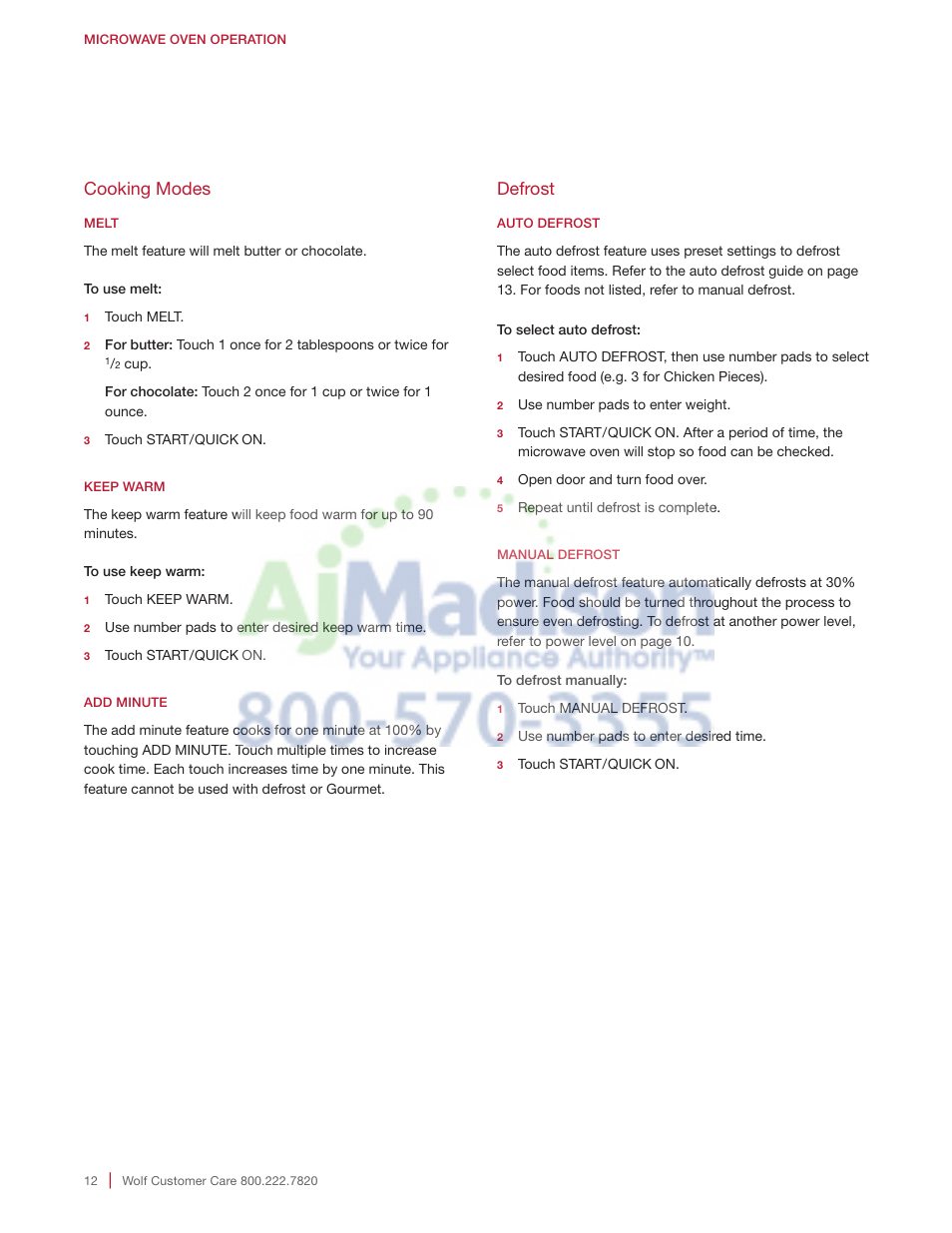Cooking modes, Defrost | Wolf 2.0 cu. ft. Countertop Microwave Oven Use and Care Guide User Manual | Page 12 / 68