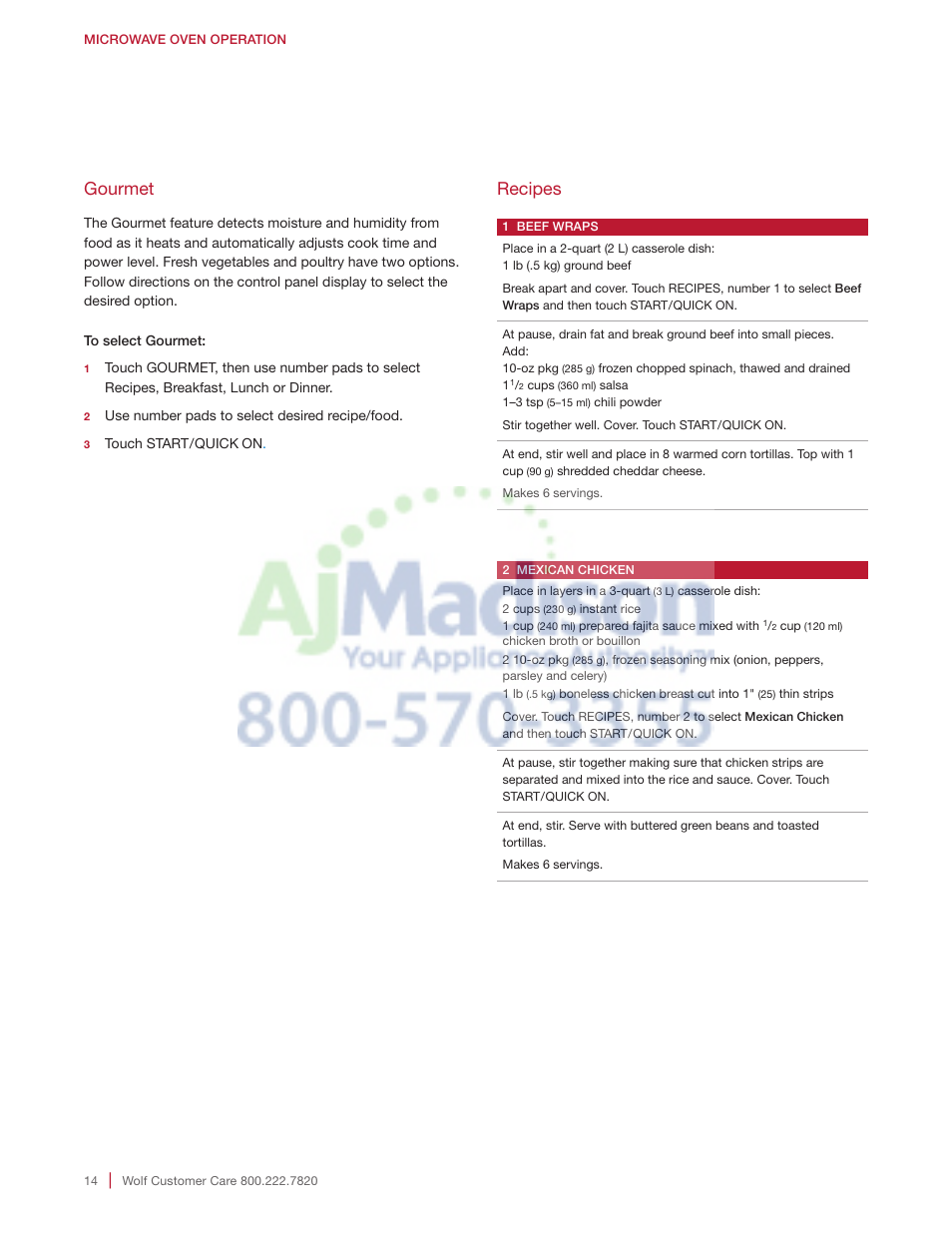 Gourmet, Recipes | Wolf 2.0 cu. ft. Countertop Microwave Oven Use and Care Guide User Manual | Page 14 / 68