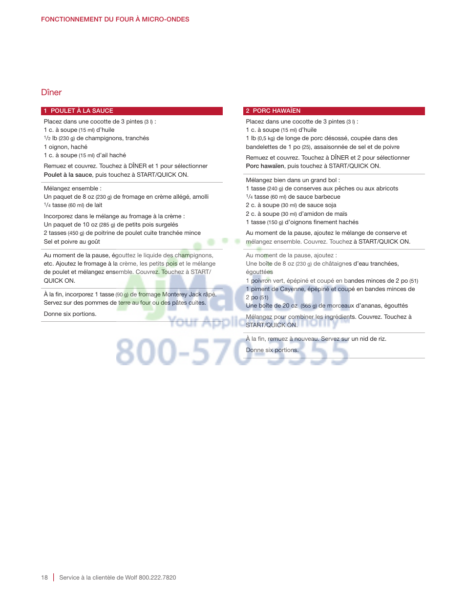 Dîner | Wolf 2.0 cu. ft. Countertop Microwave Oven Use and Care Guide User Manual | Page 62 / 68
