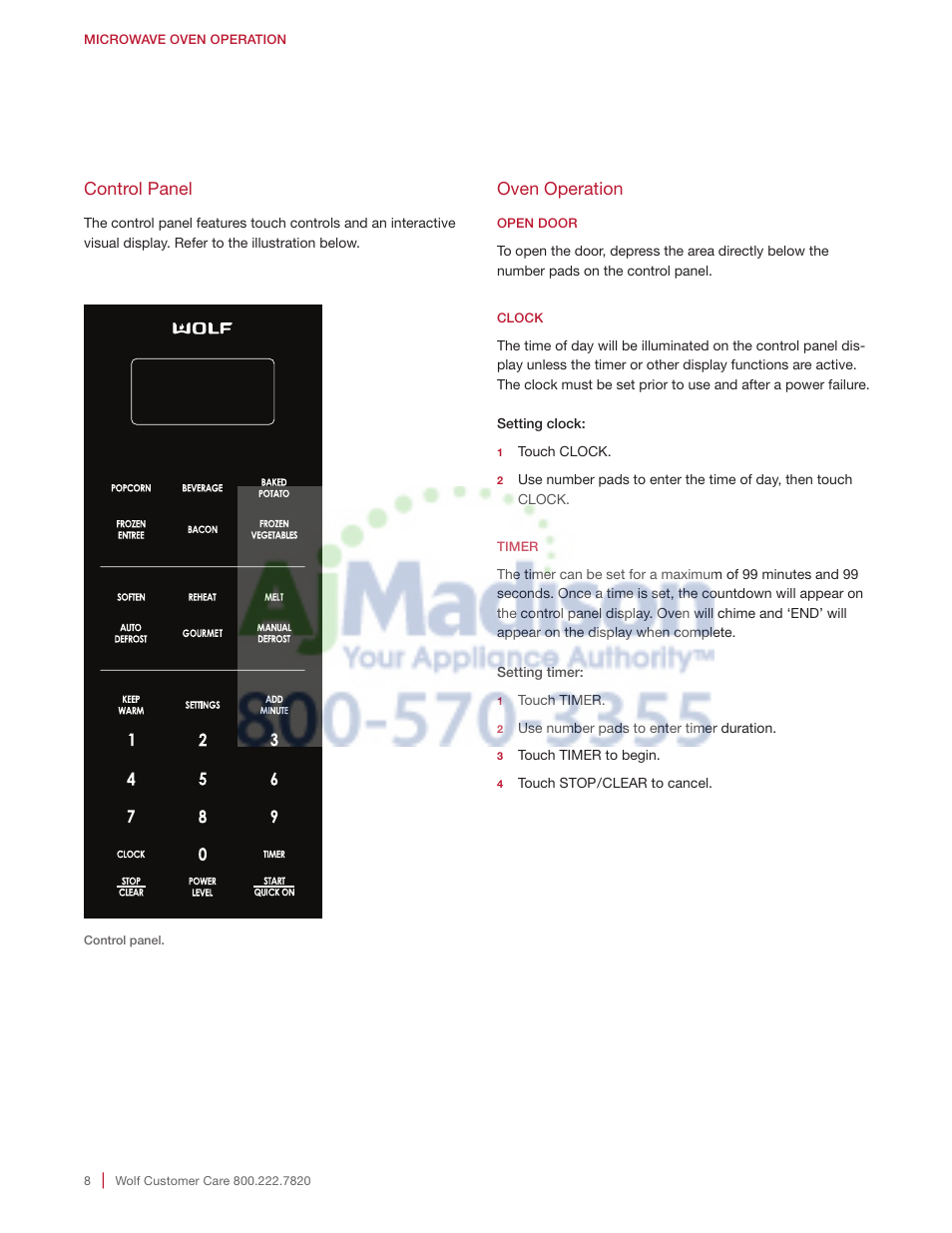 Control panel, Oven operation | Wolf 2.0 cu. ft. Countertop Microwave Oven Use and Care Guide User Manual | Page 8 / 68
