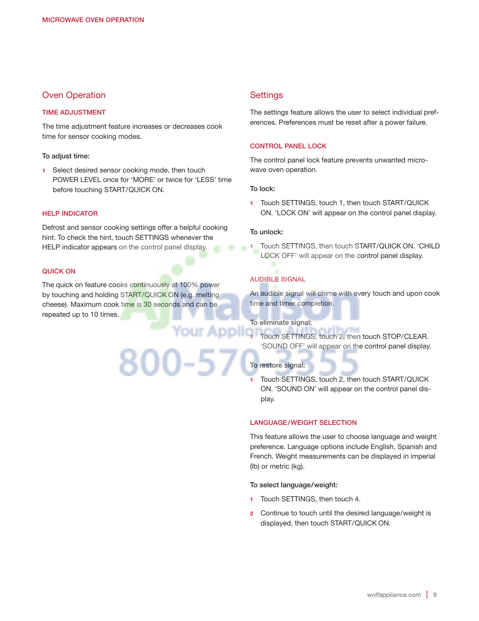 Oven operation, Settings | Wolf 2.0 cu. ft. Countertop Microwave Oven Use and Care Guide User Manual | Page 9 / 68