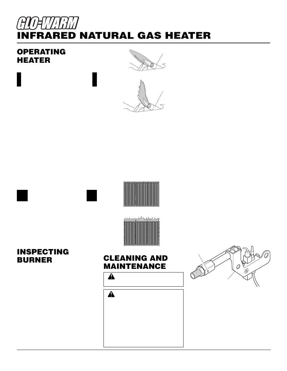 Infrared natural gas heater, Inspecting burner, Cleaning and maintenance | Operating heater, Continued | Desa FAS-3C User Manual | Page 14 / 28