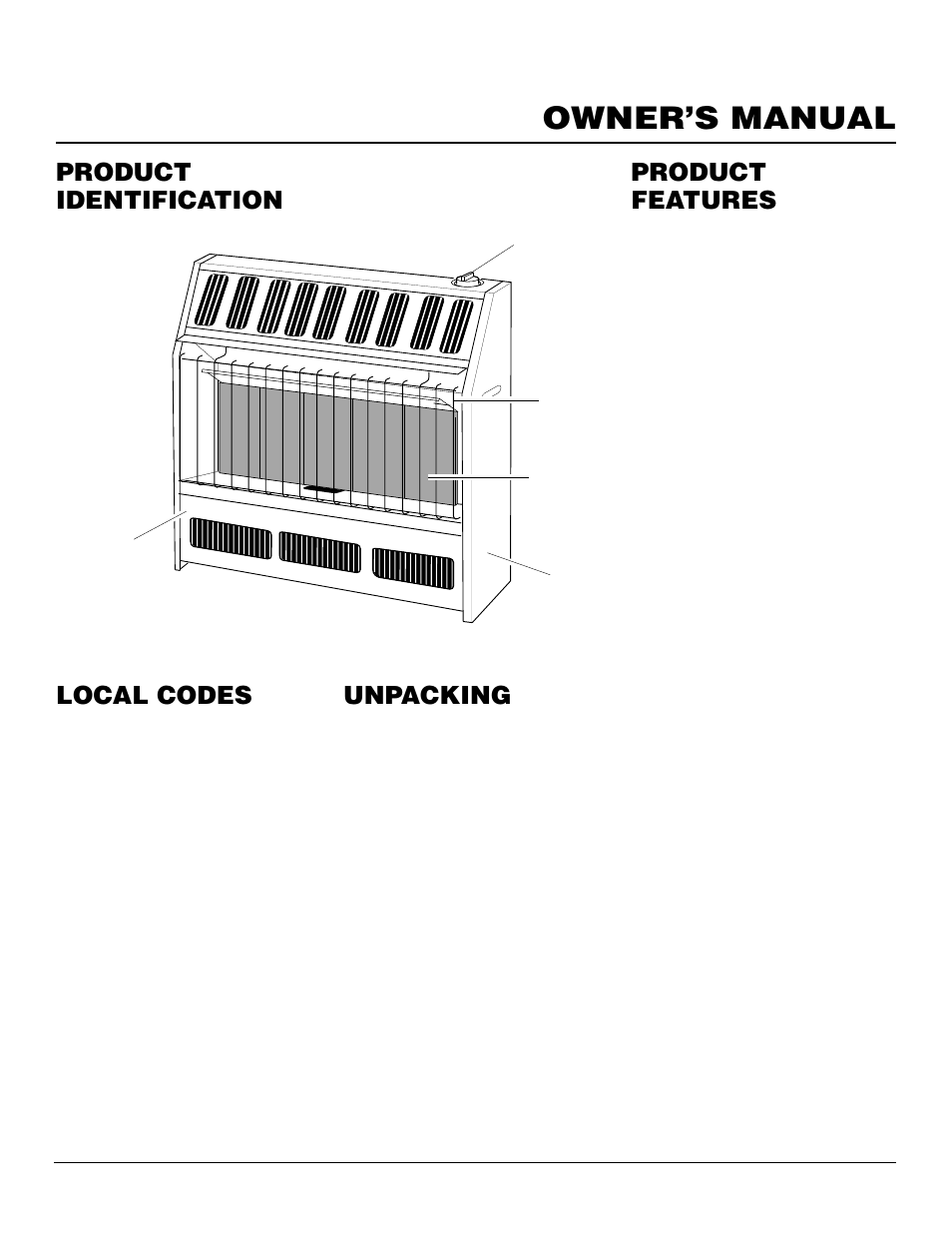 Owner’s manual, Product identification local codes, Product features | Unpacking | Desa FAS-3C User Manual | Page 3 / 28
