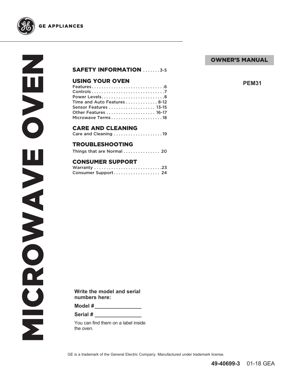 GE Profile 1.1 cu. ft. Countertop Microwave Oven Use and Care Guide User Manual | 48 pages