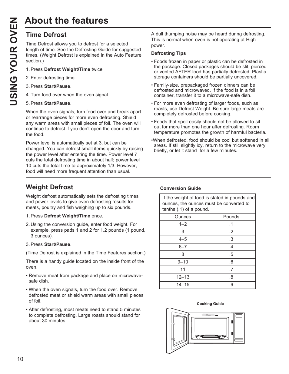 Using your oven about the features, Time defrost, Weight defrost | GE Profile 1.1 cu. ft. Countertop Microwave Oven Use and Care Guide User Manual | Page 10 / 48